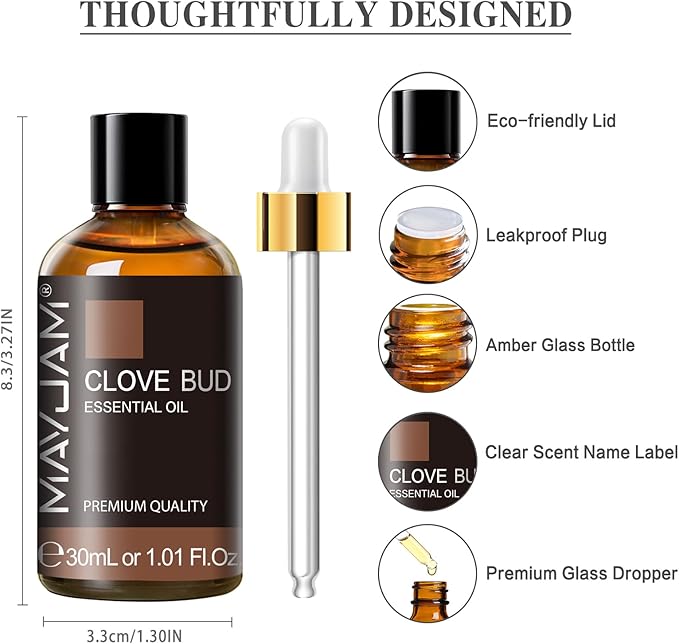 MAYJAM Clove Bud Essential Oil, Premium Pure Essential Oils, 1.01FL.OZ Clove Bud Oil for Diffusers Soap Candle Making, Ideal for Home Office Car Yoga Use