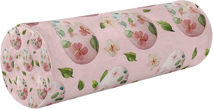 Pink Easter Eggs and Leaves Neck Roll Pillow Bolster Round Health Memory Foam Long Cervical Cylinder Pillows with Removable Washable Cover for Body Bed Legs Back Yoga
