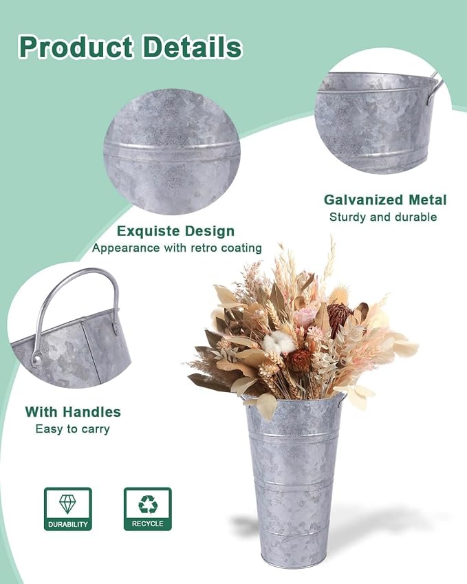 12 Inch Galvanized Metal Vase, 6 Pack Tall Flower Buckets with Handles | Galvanized metal flower buckets with handles, rustic tall vase design for dried flowers, weddings, farmhouse and home decor.