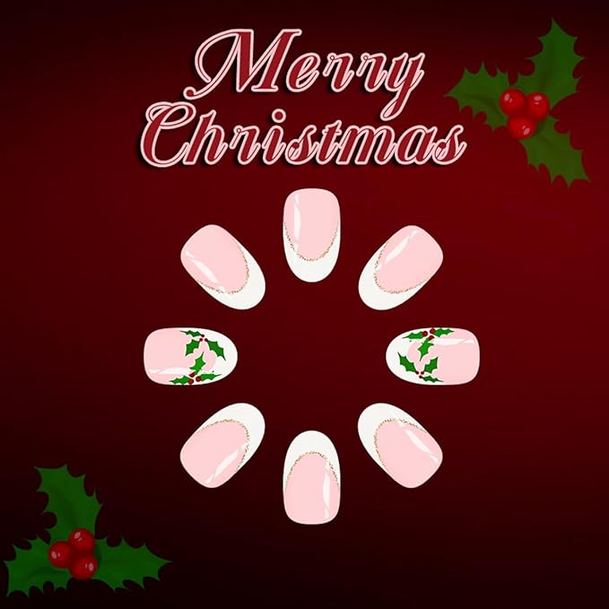 Christmas Press on Nails Holly Fake Nails Short Almond False Nail with Design White French Tip Glue on Nails Artificial Acrylic Dull Cover Nail Xmas Stick on Nail for Women Girls Manicure 24Pcs