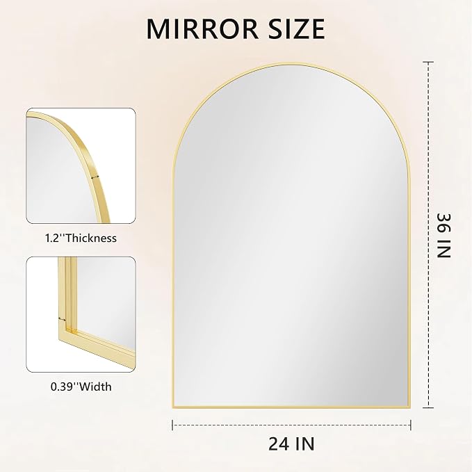 Arched Bathroom Mirror for Wall, 36" x 24" Metal Frame Vanity Mirror, Gold | Aluminium Alloy Frame, HD Shatterproof Glass, for Bathroom Over Sink , Entryway, Bedroom, Living Room