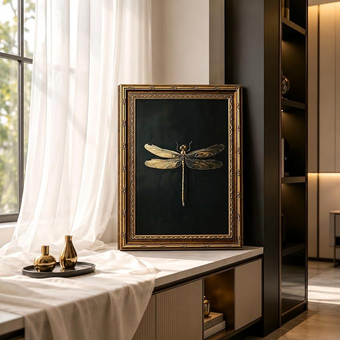 Vintage Framed Dragonfly Picture Wall Art,Gothic Insect Wall Decor16X12in | Dark Retro Farmhouse Style For Ideal For Bedroom, Study, Hallway, Office Or Entryway.