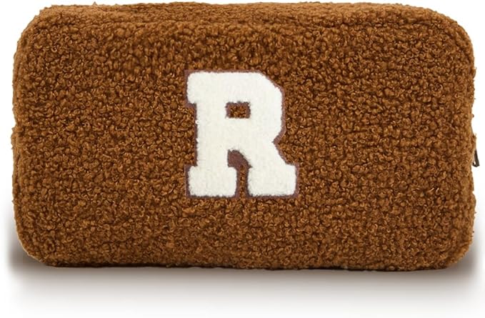 Cute Makeup Bag, Initial Cosmetic Bag, Fuzzy Makeup Bags for Women, Brown Makeup Pouch with Chenille Letter, Monogrammed Gifts for Women, Brown R