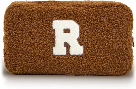 Cute Makeup Bag, Initial Cosmetic Bag, Fuzzy Makeup Bags for Women, Brown Makeup Pouch with Chenille Letter, Monogrammed Gifts for Women, Brown R