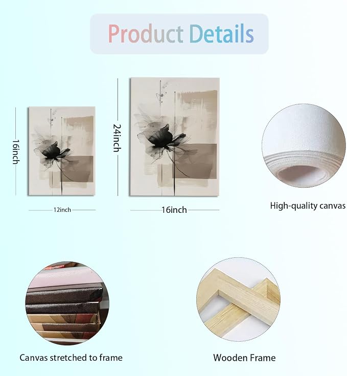 Neutral Abstract Floral Canvas Wall Art Modern Large Minimalist Wall Decor Contemporary Beige Black Flower Posters Prints Picture for Living Room Bedroom Bathroom Office 16x24 In Framed