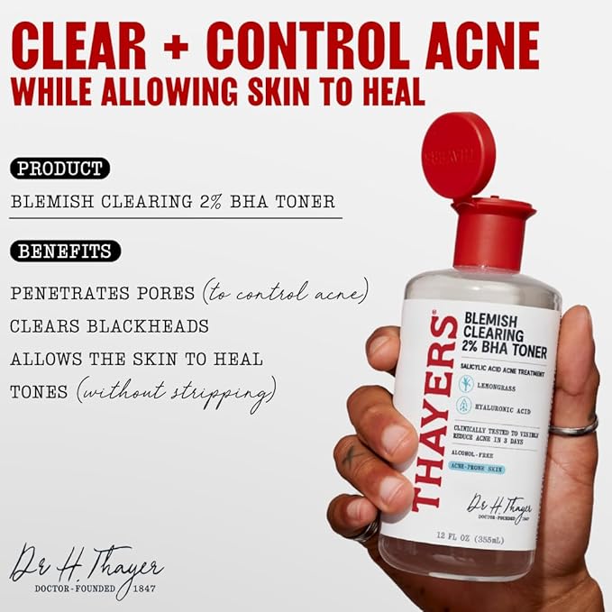 Thayers Blemish Clearing Salicylic Acid Toner, Acne Treatment Face Toner with 2% Salicylic Acid, Soothing and Non-Stripping Skin Care, 12 Fl Oz