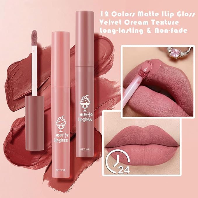3Pcs Nude Matte Lipstick Set, Ice Cream Velvet Smooth Matte Lip Gloss, 24 Hour Natural Long Lasting & Nourishing Lip Glaze Non-stick Cup for Women Makeup (Set A)