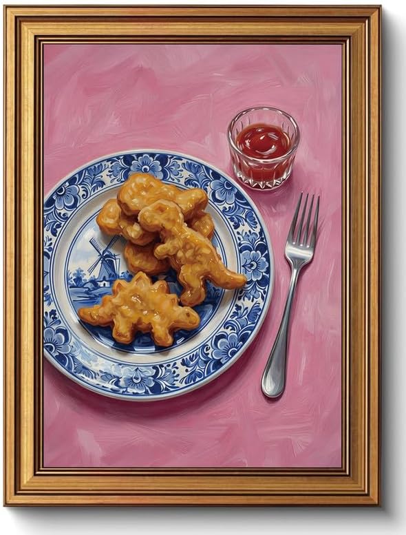 Vintage Whimsical Gold Framed Canvas Wall Art Funny Pop Food Wall Decor Art | Dino Chicken Nuggets Pictures Blue White Delft Canvas Art Pink Dopamine Small Framed Prints Artwork Shelf Bar Dining Gallery