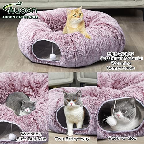 AUOON Plush Cat Tunnel Bed for Indoor Cats, 36"L x 36"W x 11.5"H, Rosiness