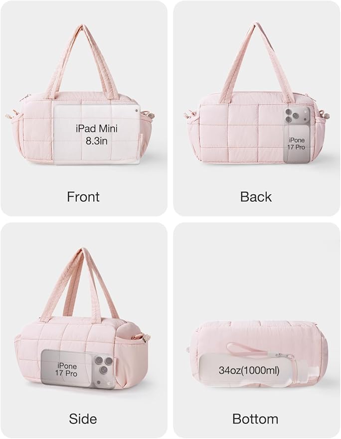 Noozion 12 Inch Mini Gym Bag for Women, Lightweight Quilted Crossbody Duffle Bag with Wet Pocket, Dual Side Pockets, Adjustable Strap, Small Workout Bag for Yoga, Pilates, Swimming & Daily Use