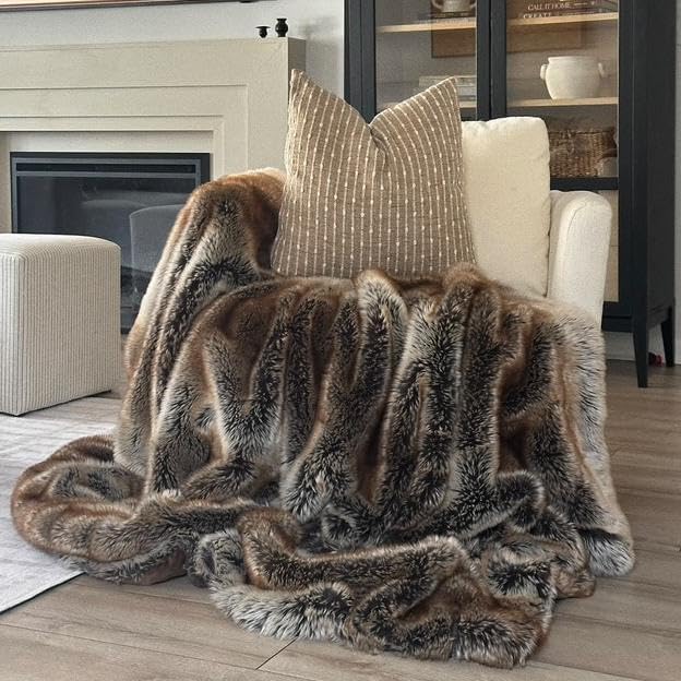 BATTILO Large Brown Faux Fur Throw Blanket for Bed, 60"x80", Shaggy | Super Thick Warm Elegant Cozy Plush Furry Fuzzy Fluffy Faux Fur Blankets for Couch, Sofa, Living Room, Home Decor