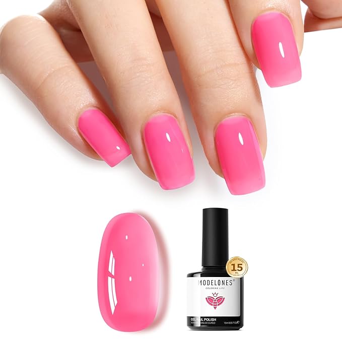 modelones Pink Gel Nail Polish Jelly Pink Rose Gel Nail Polish Translucent Polish Summer Vibrant Soak Off LED Nail Art DIY Nail Manicure 15ML