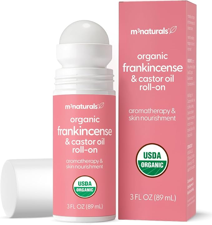 Organic Castor Oil + Frankincense Roll-On | USDA, Cold-Pressed, Hexane Free, Vegan Castor Oil with Frankincense Essential Oil | Body Massage Oil for Aromatherapy & Lymphatic Massage, 3 oz, by M3