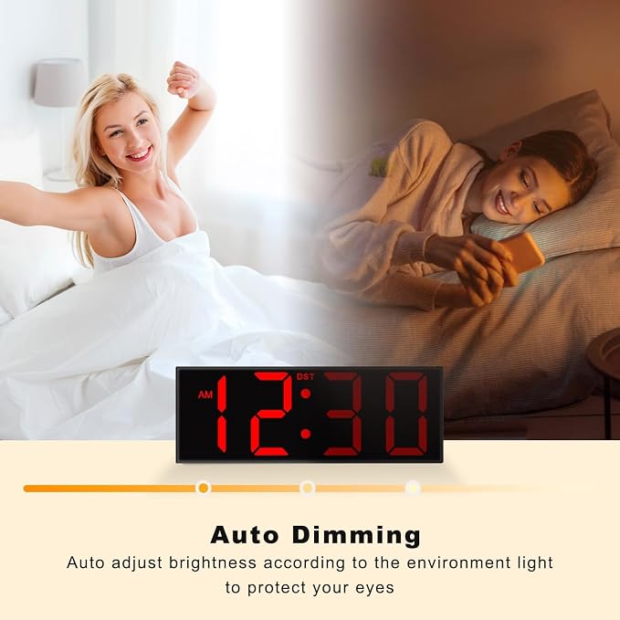 JALL Digital Wall Clock Large Display with Big LED Numbers, Remote Control, 8 RGB Colors, Auto DST, Night Light for Classroom Living Room Bedroom Birthday Gift for Senior, Men Women, Red