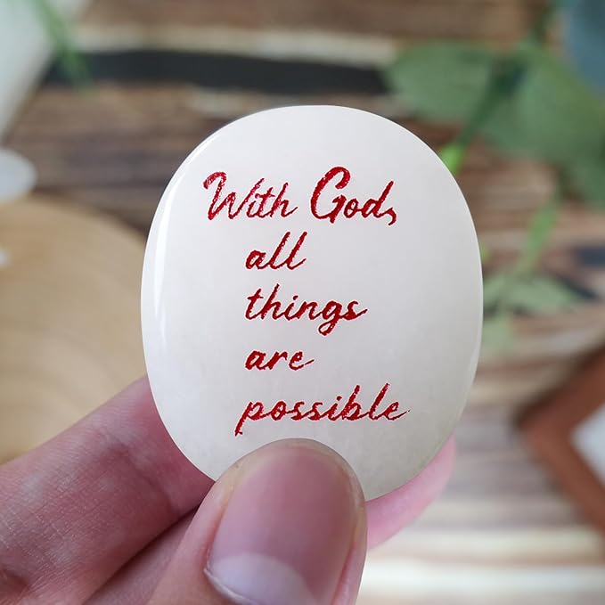 Selenite Crystal Worry Stones - Small Crystals for Big Stress Relief - Cheer Up & Encouragement Gift for Natural Reiki Healing - Real Motivational Strength Rocks - with God, All Things are Possible