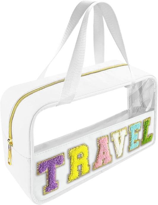 Bunliuys Chenille Letter Clear Makeup Bag Travel Patch, Travel Toiletry Makeup Bag with Handle, Nylon Waterproof Makeup Bags clear cosmetic bag, preppy patch makeup bag for Women (TRAVEL-White)