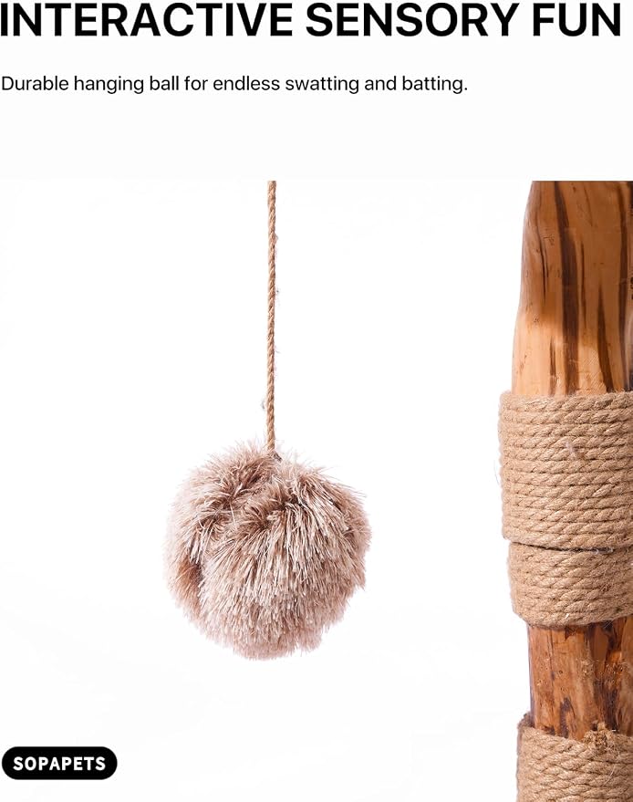 Sopapets Solid Wood Cat Tree with Hand-Woven Basket, 41.3" Natural Wood Cat Tower with Real Branch, Modern Boho Cat Furniture for Indoor Cats & Large Cats, Sisal Scratching Posts, Beige