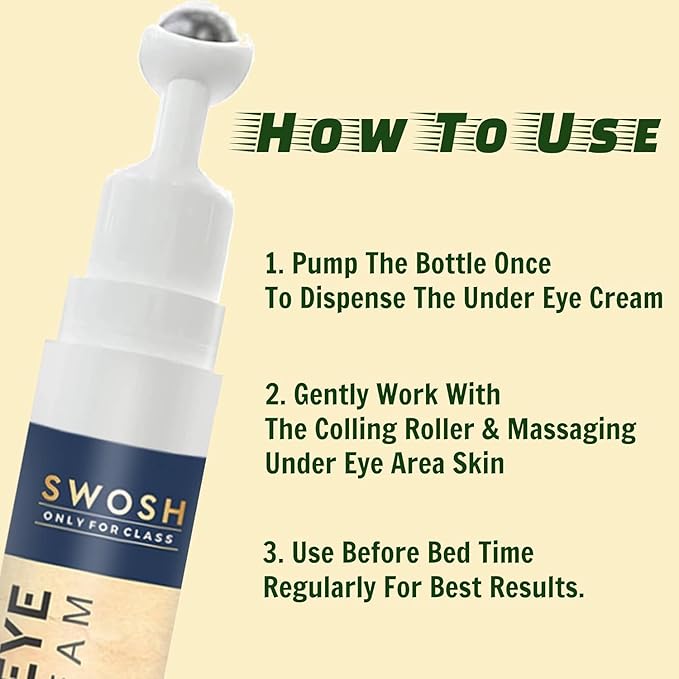 SWOSH Roll-On Under Eye Cream 15ml | Reduces Dark Circles, Puffiness & Fine Lines | Cooling Metal Roller for Easy Application | Lightweight Under Eye Gel for Men & Women | Daily Eye Care
