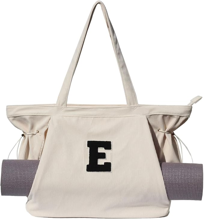 ESVAN Corduroy Yoga Tote Bag Gifts for Women Drawstring Yoga Mat Bag for Office Workout Travel Carryall Pilates Gym