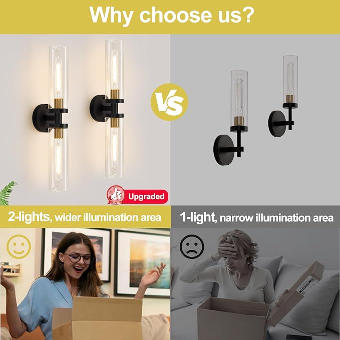 Indoi Hardwired Wall Sconces Set of Two, 22" Black and Gold Bathroom Sconces with Clear Glass, Modern Sconces Wall Decor Set of 2 Wall Light fixtures for Bathroom Mirror Living Room Hallway Bedroom
