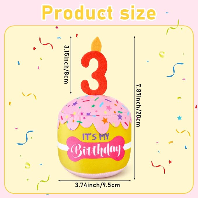 Dansydaisy Dog Birthday Cake Toy Squeaky Plush Gift,3rd,Pink and Yellow