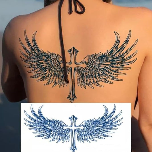 Angel Wing Temporary Tattoos for Women,2-Sheet Blue Temp Cross Tatoo Sticker Body Art Decals, Waterproof Decorative Transfer Stickers (blue wings)