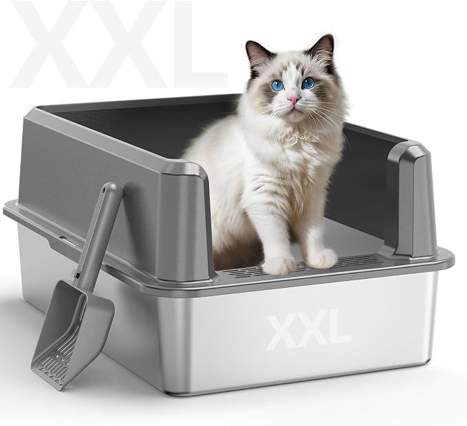 Stainless Steel Cat Litter Box, XXL High Sided Open Top Litter Pan, 1 Scoop | XXL, Spacious Interior, High Sides, Anti-Urine Leakage, Non-Stick Odor Resistant, Easy Clean, Reduce Litter Tracking