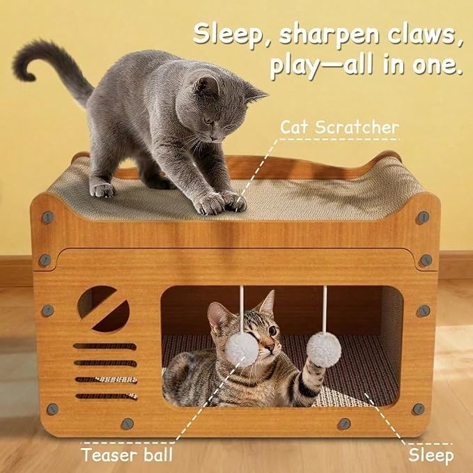 3-in-1 Scratcher Cat House – Save Your Furniture Combines Play Cave, Cozy Bed & Scratching Pad. Durable Cardboard, Reduces Stress. Ideal for Indoor Cats Who Love to Scratch, Play & Nap (MD-TV)