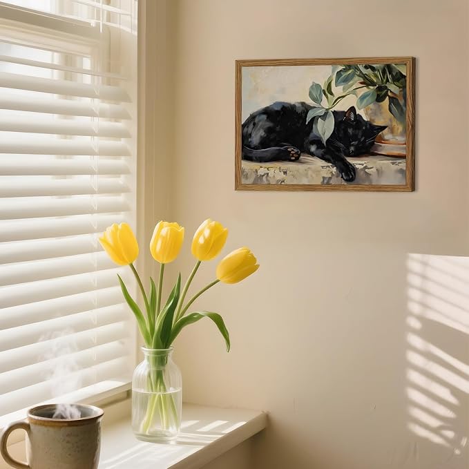 Framed Black Cat Canvas Wall Art, Vintage Sleeping Cat with Plant Picture Wall Decor Paintings, Cute Animal Poster Prints Rustic Aesthetic Home Decor for Living room Bedroom Bathroom 12x16 inch