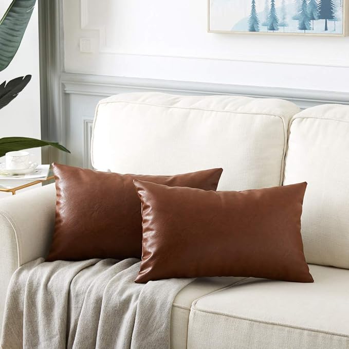Fancy Homi Brown Boho Lumbar Faux Leather Decorative Throw Pillow Covers 12x24 Inch for Living Room Couch Bed Sofa, Solid Rectangle Cushion Case 30x60 cm, Rustic Modern Farmhouse Home Decor