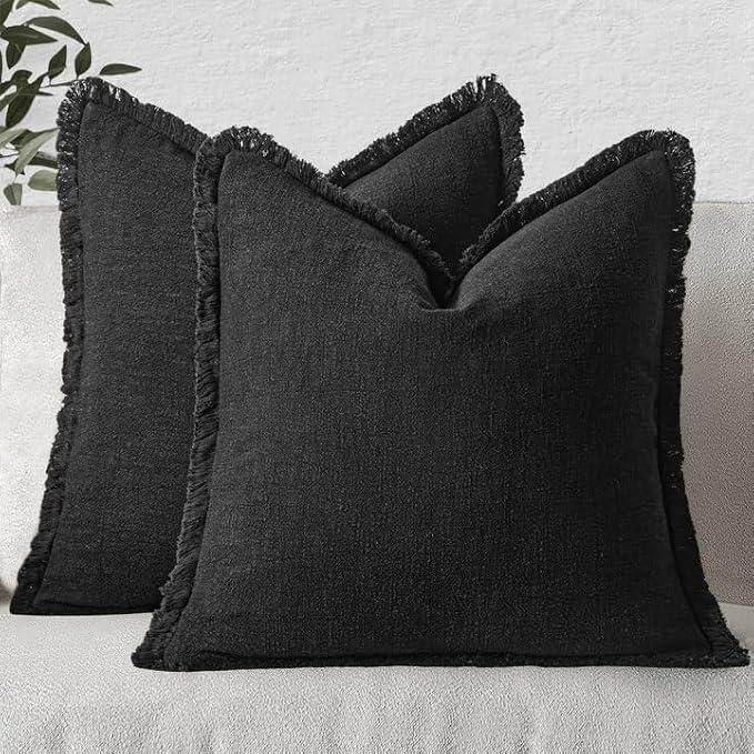 MIULEE Boho Linen Fringe Decorative Throw Pillow Covers Black 20x20 | Set of 2, Cottagecore Decor, Boho Farmhouse Neutral Pillow Covers, Rustic Couch Cushion Cases for Sofa Bed Living Room