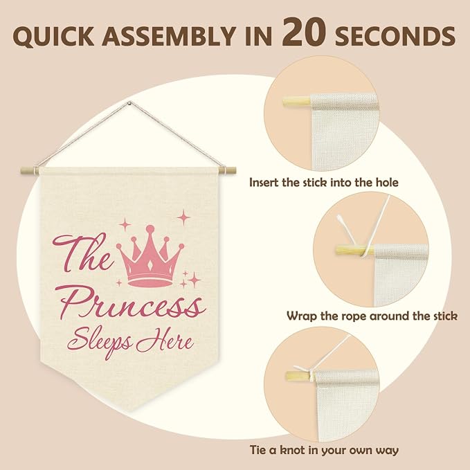 Princess Room Decor for Girls Bedroom Door Sign, Pink Cute Linen Pennant Banner for Baby Girl Nursery Wall Hanging, Princess Playroom ToddlerRoom Decorations 15x11 Inch