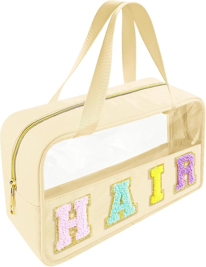 Bunliuys Chenille Letter Clear Makeup Bag Hair Patch, Travel Toiletry Makeup Bag with Handle, Nylon Waterproof Makeup Bags clear cosmetic bag, preppy patch makeup bag for Women (HAIR-Beige)
