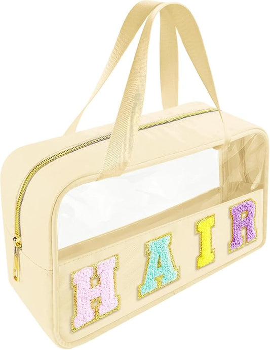 Bunliuys Chenille Letter Clear Makeup Bag Hair Patch, Travel Toiletry Makeup Bag with Handle, Nylon Waterproof Makeup Bags clear cosmetic bag, preppy patch makeup bag for Women (HAIR-Beige)