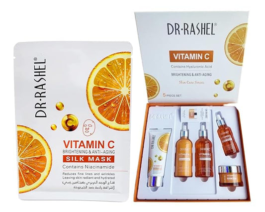 Dr Rashel Vitamin C Skin Care Series , Contains Hyaluronic Acid, Anti Aging and Collagen Essence ( Pack Of 5 Piece Set ) + 1 Pcs of Vitamin C Silk Mask