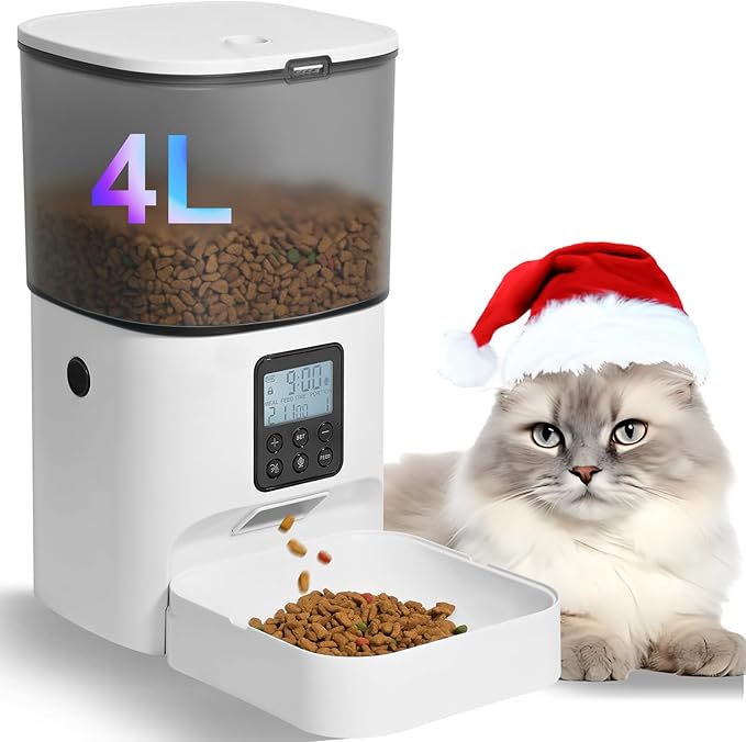 Automatic Cat Feeder, 4L Cat Food Dispenser with 10s Voice Recorder, Pet Feeder up to 8 Meals per Day, Timed Dog Feeder with Dry Food Sealed Ring