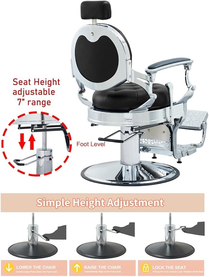 Kaleurrier Salon Chair Height Adjustable - Reclining Barber Chair - Professional Hair Styling Chairs for Barbershop Home Beauty Tattoo Massage - Salon Furniture Equipment Black
