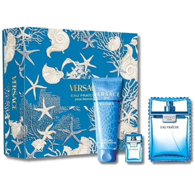 Versace Man Eau Fraiche by Versace for Men 3 Piece Set Includes: 3.4 oz EDT Spray + 5.0 oz Perfumed Bath-Shower Gel + 0.17 oz EDT Collectable