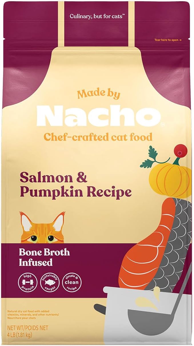 Made by Nacho Dry Cat Kibble 4lb Bag, High Protein and Grain-Friendly Premium Cat Food, Sustainably Caught Salmon and Pumpkin, Infused with Bone Broth for Hydration, Limited Ingredients, Single Bag | Protein-forward dry cat food with premium ingredient...