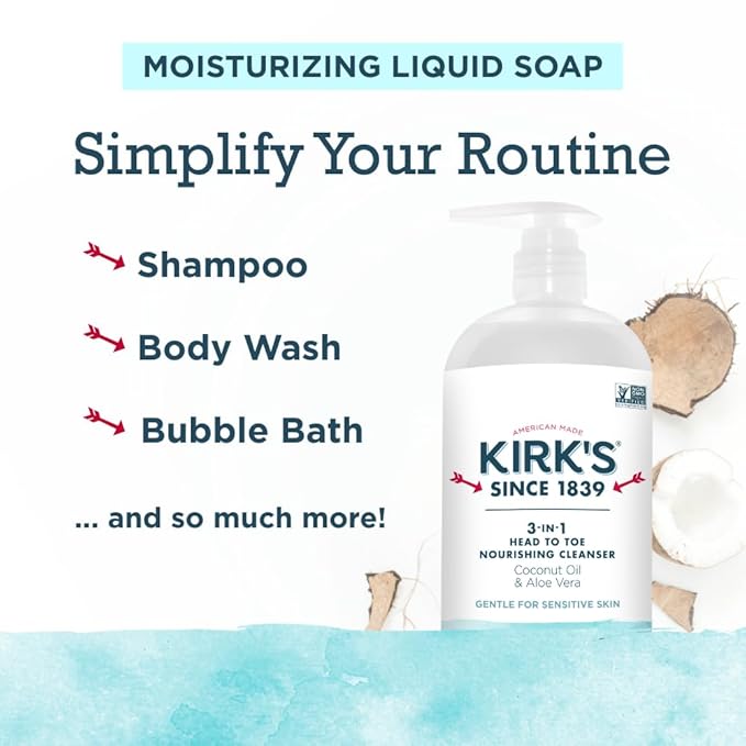 Kirk's 3-in-1 Head to Toe Nourishing Liquid Cleanser- for Men, Women & Children - Premium Coconut Oil & Aloe Vera- Non GMO & Vegan -Fragrance Free - 32 Fl Oz. - 2 Pack