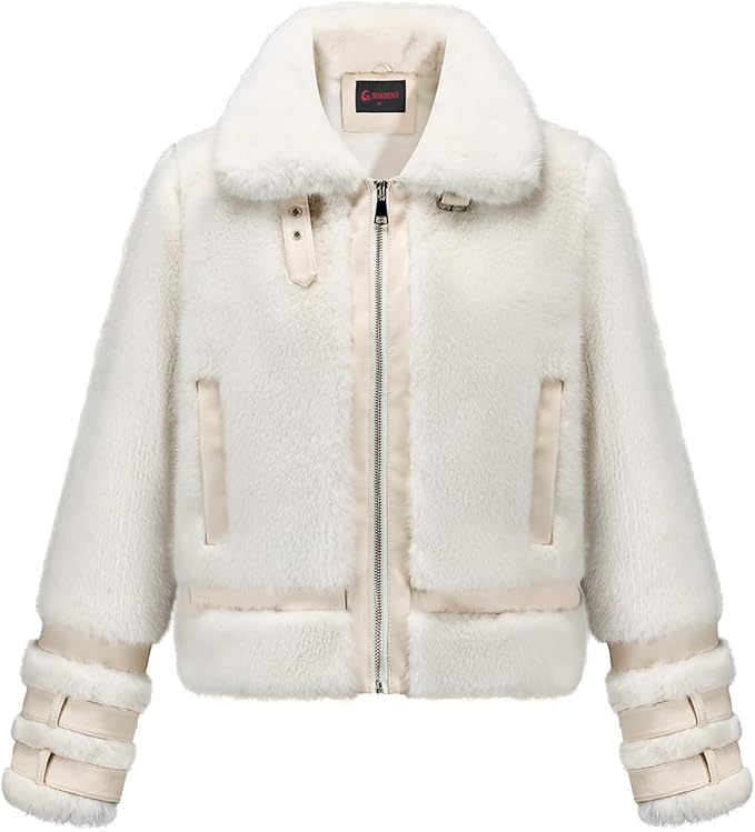 GRAN ORIENTE Womens Belted Winter Faux Fur Coats, Cropped Fuzzy Cuff Furry Zipper Up Warm Jackets Outwear