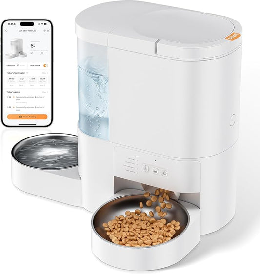Automatic Cat Feeder and Water, 5G WiFi App Control Cat Dry Food Dispenser | 2-in-1 Auto Cat Feeder, 10s Voice Recording, 4L Food & 3L Gravity Waterer, 10 Meal 1-15 Portion Programmable for Multiple Pet