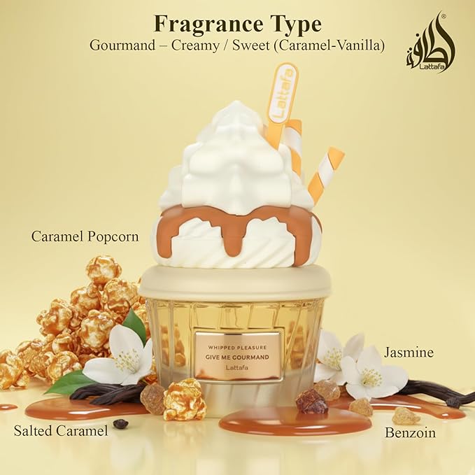 Lattafa Whipped Pleasure Eau de Parfum, Give Me Gourmand Collection, Spray Form, 75ml, Whipped Cream, Caramel & Vanilla Scent, Long-lasting