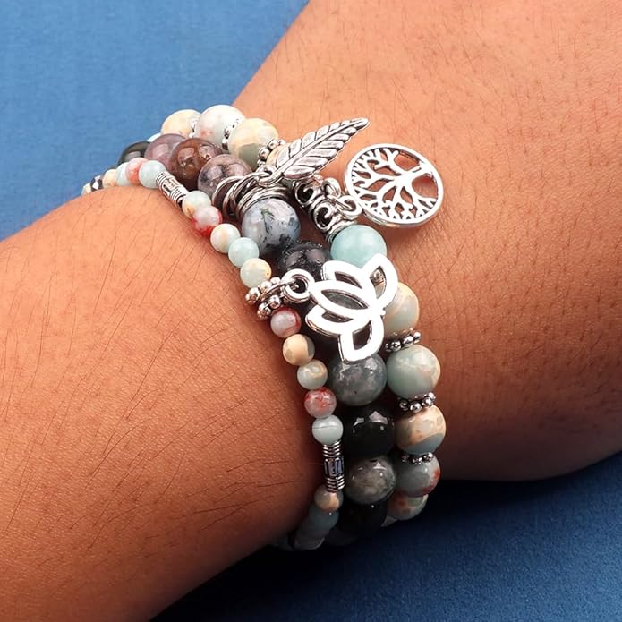 UEUC Tree of Life Yoga Healing Stone Bracelets,Multilayer Lotus Chakra Stone Reiki Bracelet Sets,Anxiety Crystal Natural Stone,for Women Stress Relief