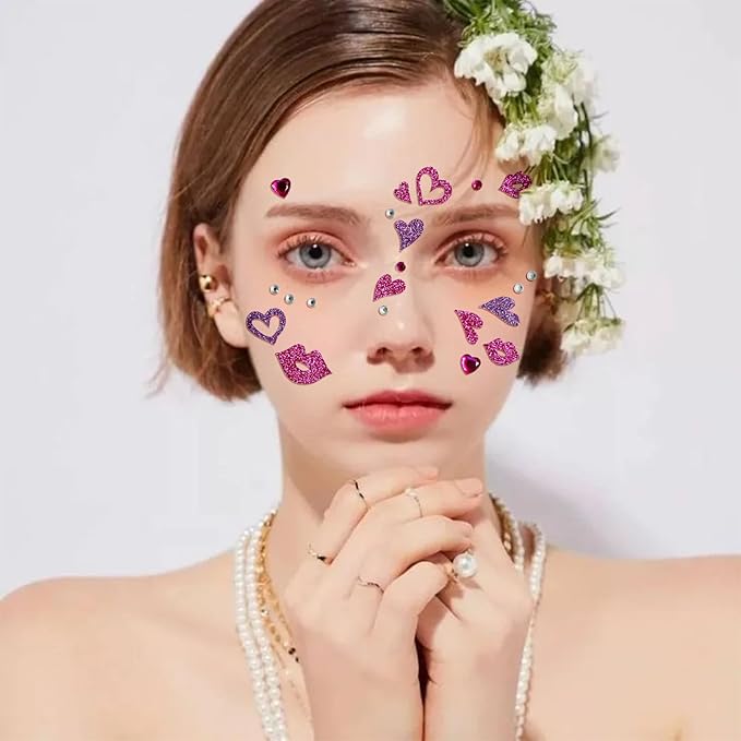 Heart Face Tattoos Stickers Glitter Face Gems Valentine's Day Temporary Tattoo Lip Kiss Face Stickers for Women 4Pcs
