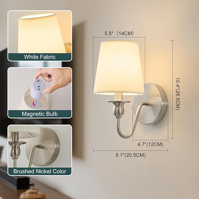 Battery Operated Wall Sconces set of Two,Rechargeable Wall Sconce with 1000mAh Dimmable Bulb and Remote,LED 15 Colors Wireless Battery Powered Wall Sconce with Fabric for Bedroom Living Room (Nickel)