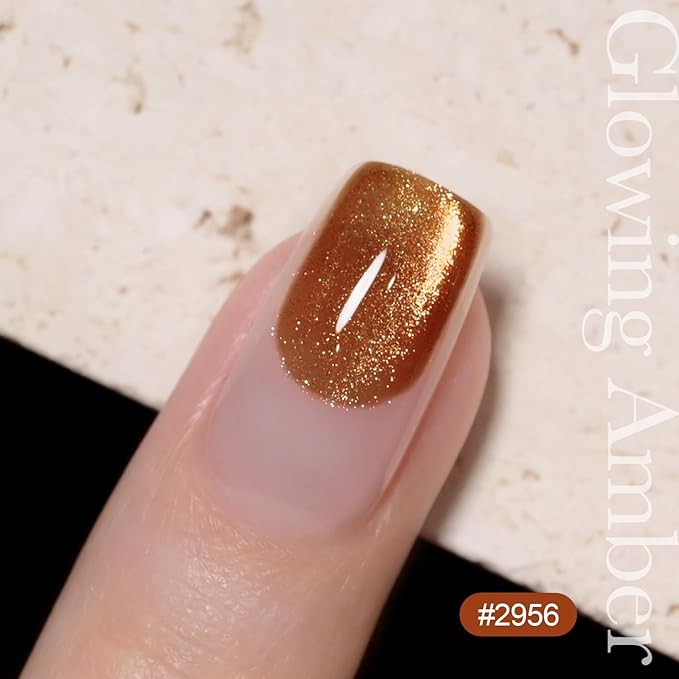 GAOY Jelly Brown Cat Eye Gel Nail Polish, 16ml Glitter Holographic Nail Polish with Magnet, Reflective Translucent UV Gel, 2956 Glowing Amber