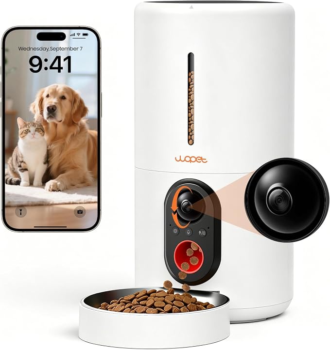 WOPET Automatic Dog Feeder with Camera,1080P HD Video with Night Vision, 5GHz/2.4GHz Dog Food Dispenser with App Control, 4GB SD Card, 2-Way Audio for Cats & Dogs