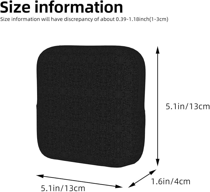 Carry Feminine Care Bag Black Elegant Ornaments Texture, Tight Zipper Seal, Reliable Holder for Sanitary Items, Shopping Camping Daily Usage