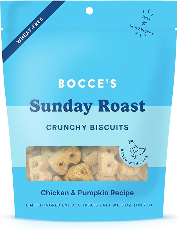 Bocce's Bakery Sunday Roast Flavor Crunchy Biscuits Dog Treats, 5 oz | Oven Baked, Wheat-Free Everyday Dog Treat Biscuits - Made with Real, Limited Ingredients and Baked in The USA